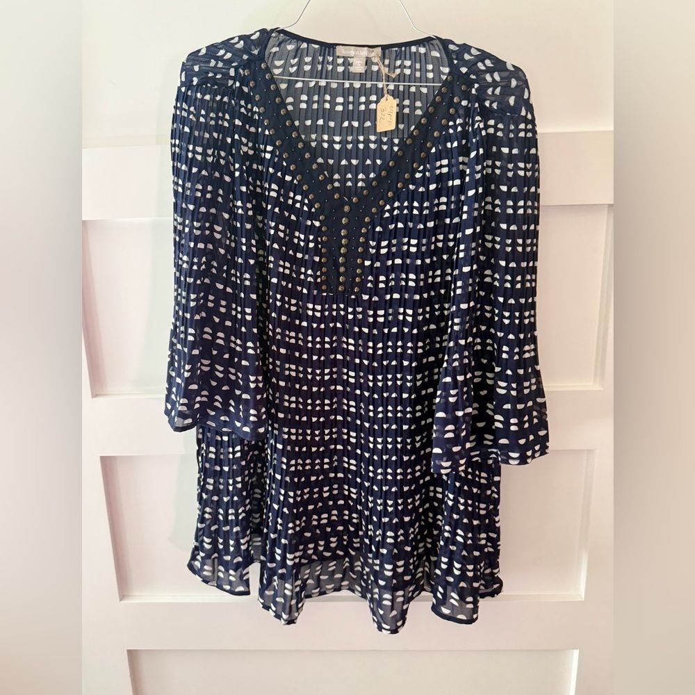 Woman Within Navy and White Pleated Polka Dot Tunic with studs